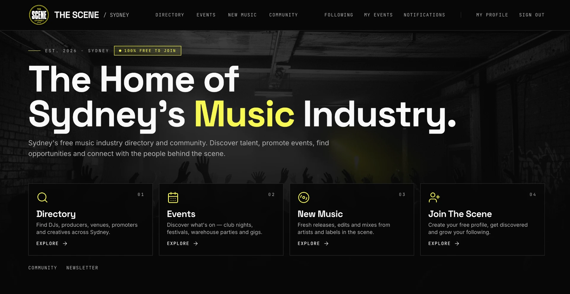 The Scene Sydney website homepage showing the platform hero section and feature cards