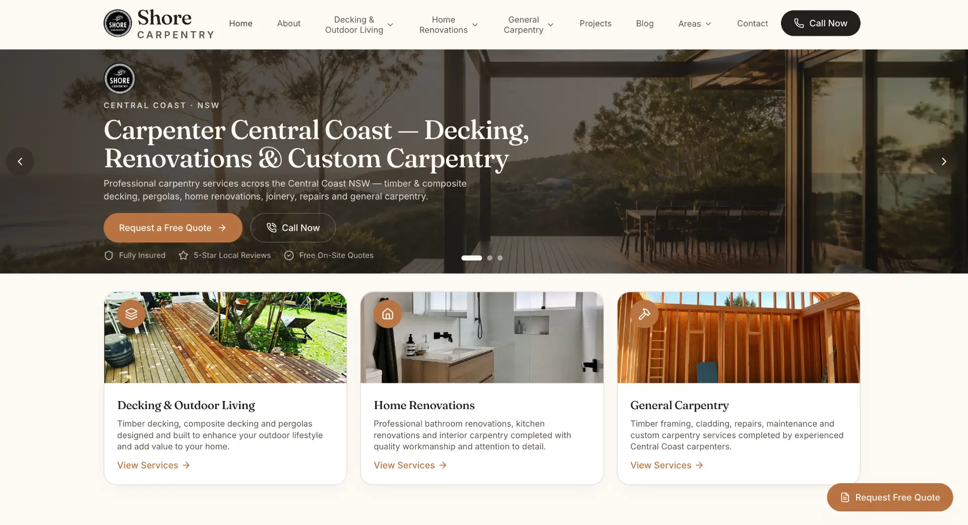 Shore Carpentry website homepage showing the new website design and hero section