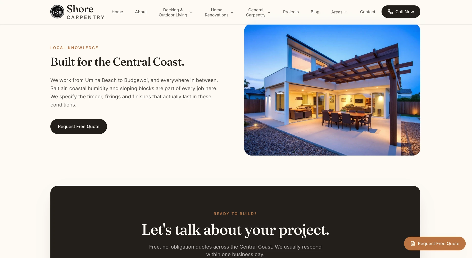 Shore Carpentry local knowledge section showing a coastal pergola build