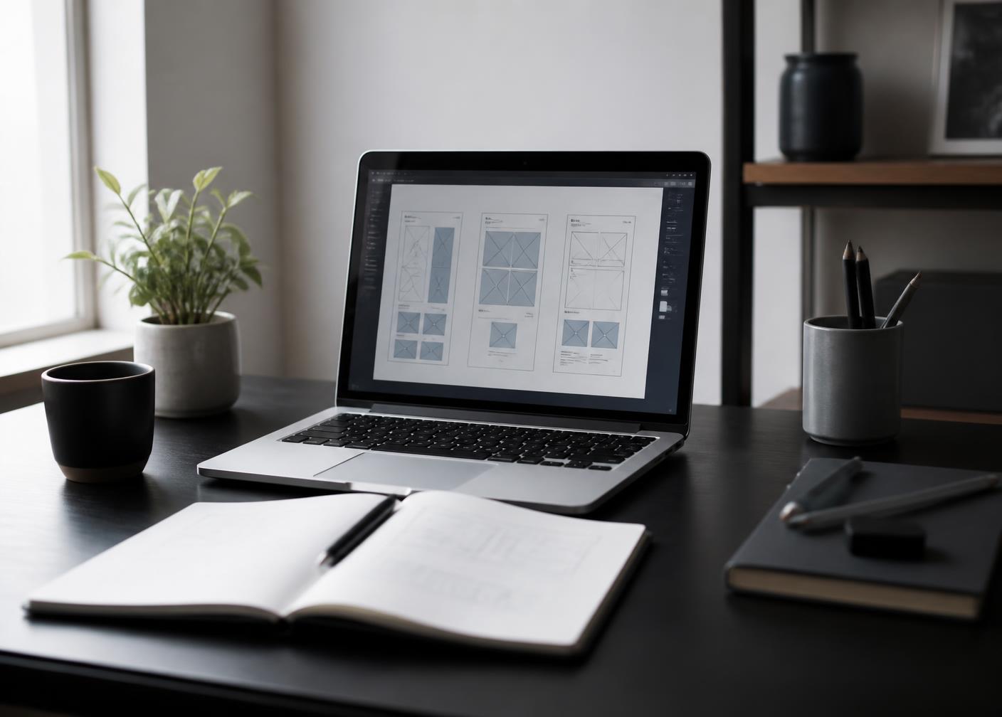 Website wireframes on a laptop beside a notebook
